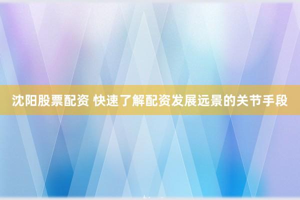 沈阳股票配资 快速了解配资发展远景的关节手段